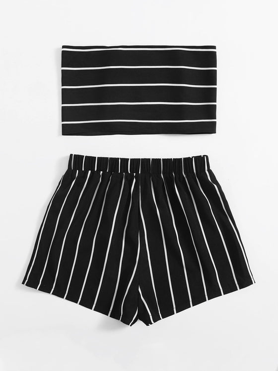 Tie Front Striped Tube Top Shorts Set
