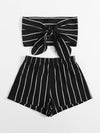 Tie Front Striped Tube Top Shorts Set