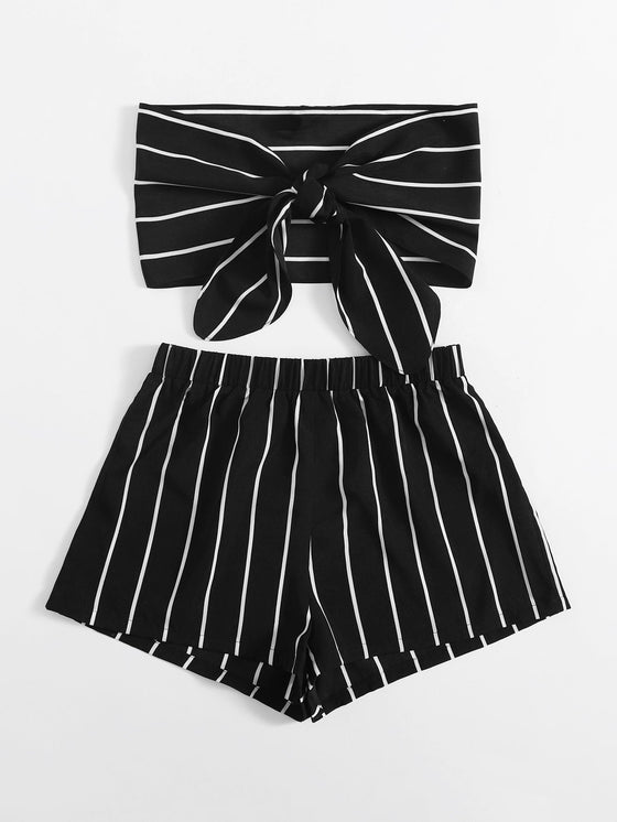 Tie Front Striped Tube Top Shorts Set