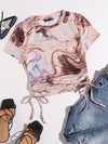Drawstring Knot Ruched Marble Print Top