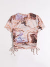 Drawstring Knot Ruched Marble Print Top