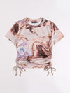 Drawstring Knot Ruched Marble Print Top