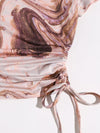 Drawstring Knot Ruched Marble Print Top