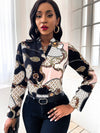 Chain Print Notch Fitted Blouse