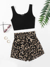Notch Neck Rib knit Crop Tank Top Paperbag Waist Belted Leopard Shorts Set