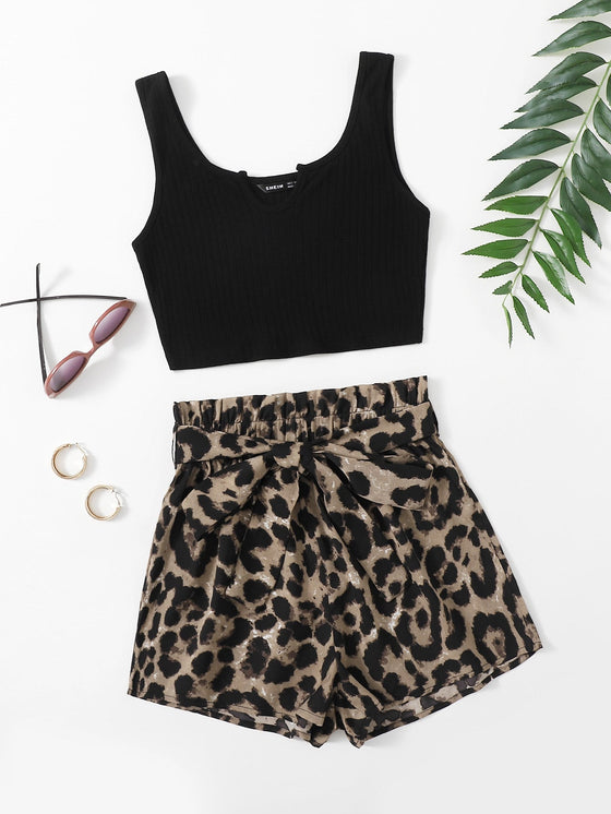 Notch Neck Rib knit Crop Tank Top Paperbag Waist Belted Leopard Shorts Set