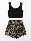 Notch Neck Rib knit Crop Tank Top Paperbag Waist Belted Leopard Shorts Set