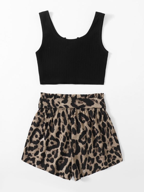 Notch Neck Rib knit Crop Tank Top Paperbag Waist Belted Leopard Shorts Set