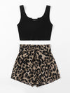 Notch Neck Rib knit Crop Tank Top Paperbag Waist Belted Leopard Shorts Set