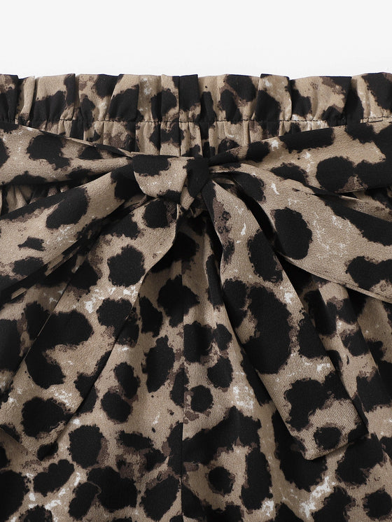 Notch Neck Rib knit Crop Tank Top Paperbag Waist Belted Leopard Shorts Set