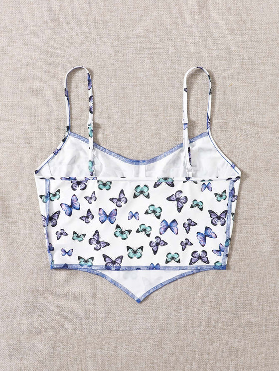 Allover Butterfly Print Contrast Stitch Cami Top