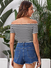 Off Shoulder Lettuce Trim Striped Crop Tee
