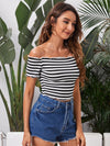 Off Shoulder Lettuce Trim Striped Crop Tee
