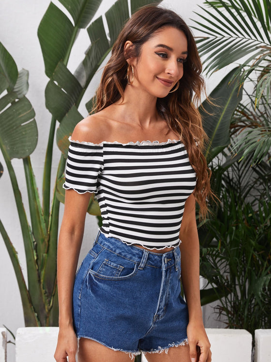 Off Shoulder Lettuce Trim Striped Crop Tee