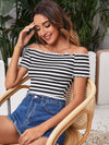 Off Shoulder Lettuce Trim Striped Crop Tee