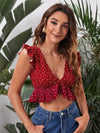 Allover Heart Print Ruffle Trim Crop Top