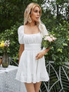 Square Neck Shirred Tie Back Ruffle Hem Dress