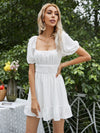 Square Neck Shirred Tie Back Ruffle Hem Dress