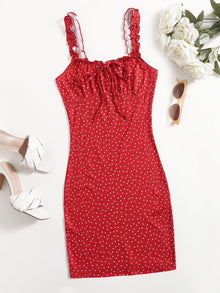  Allover Heart Print Ruched Bust Tie Front Dress