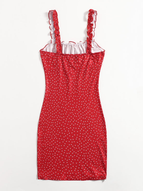 Allover Heart Print Ruched Bust Tie Front Dress