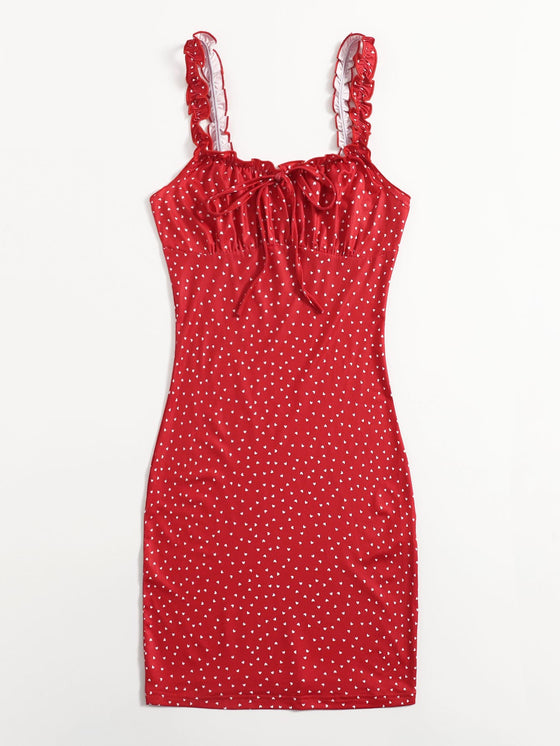 Allover Heart Print Ruched Bust Tie Front Dress