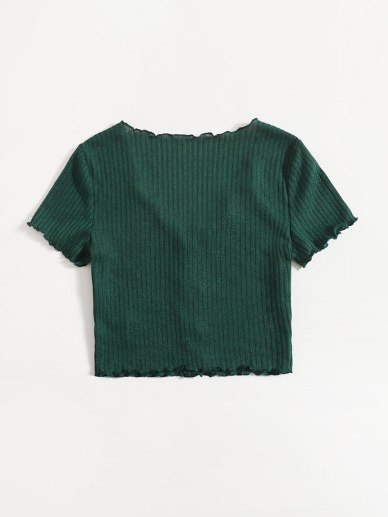 Buttoned Front Lettuce Trim Rib knit Tee