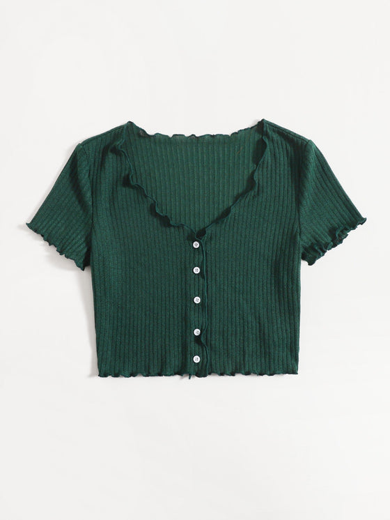 Buttoned Front Lettuce Trim Rib knit Tee