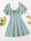 Plus Drawstring Knot Ruched Front Ditsy Floral Milkmaid Dress