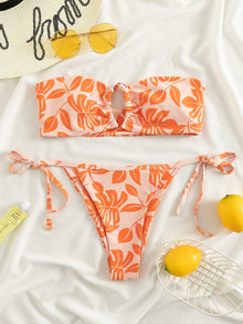  Leaf Print Bandeau Tie Side Bikini Swimsuit