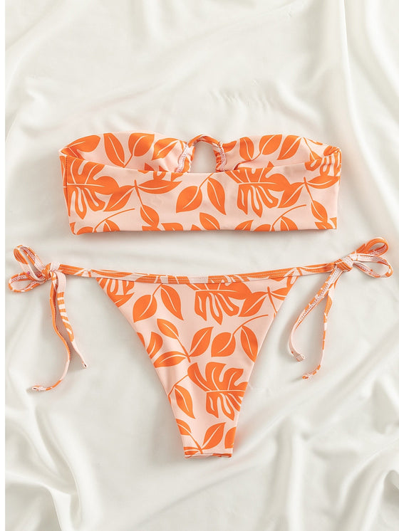 Leaf Print Bandeau Tie Side Bikini Swimsuit