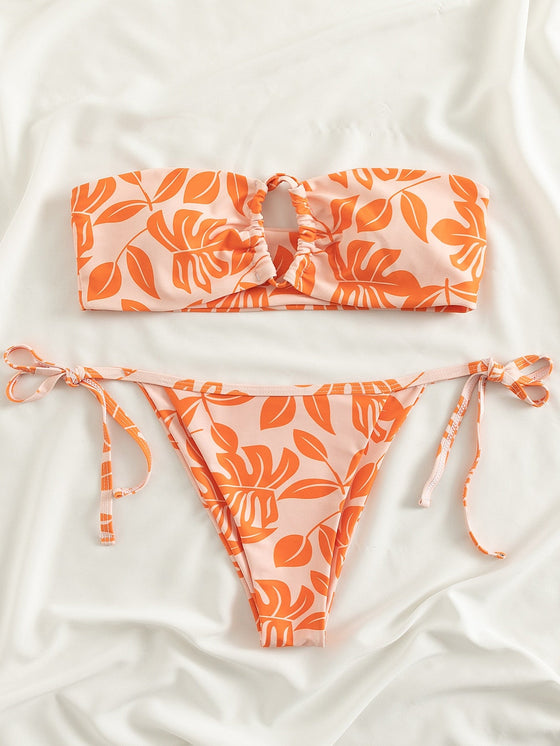 Leaf Print Bandeau Tie Side Bikini Swimsuit