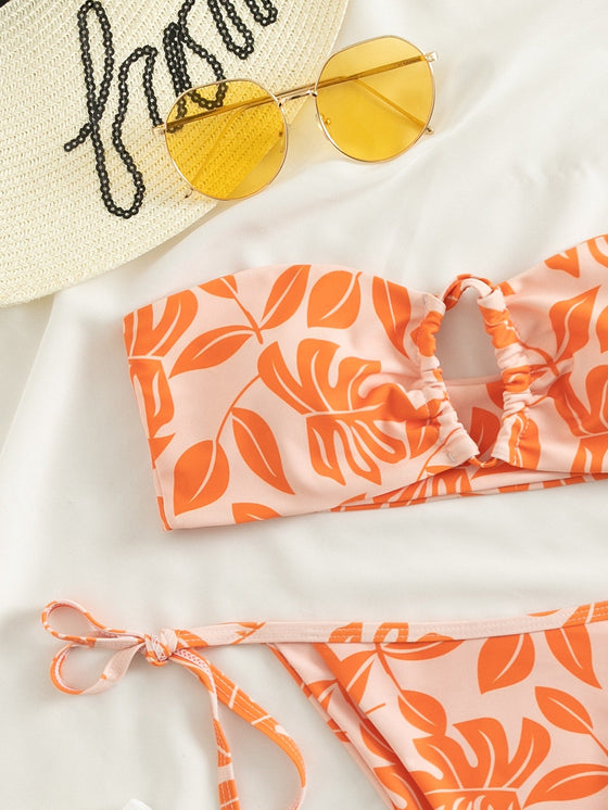 Leaf Print Bandeau Tie Side Bikini Swimsuit