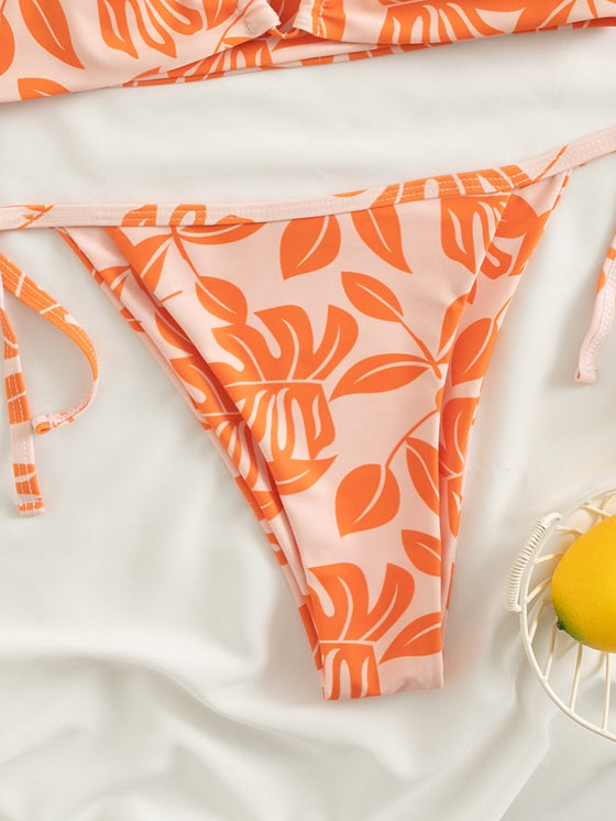 Leaf Print Bandeau Tie Side Bikini Swimsuit