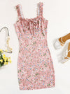 Floral Frill Strap Ruched Bust Tie Front Bodycon Dress