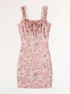 Floral Frill Strap Ruched Bust Tie Front Bodycon Dress