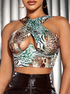SXY Animal Print Cut Out Crisscross Halter Top