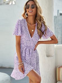  Floral Flutter Sleeve Belted Wrap Dress