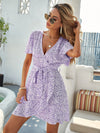 Floral Flutter Sleeve Belted Wrap Dress