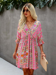  All Over Print Wrap Neck Tie Back Dress