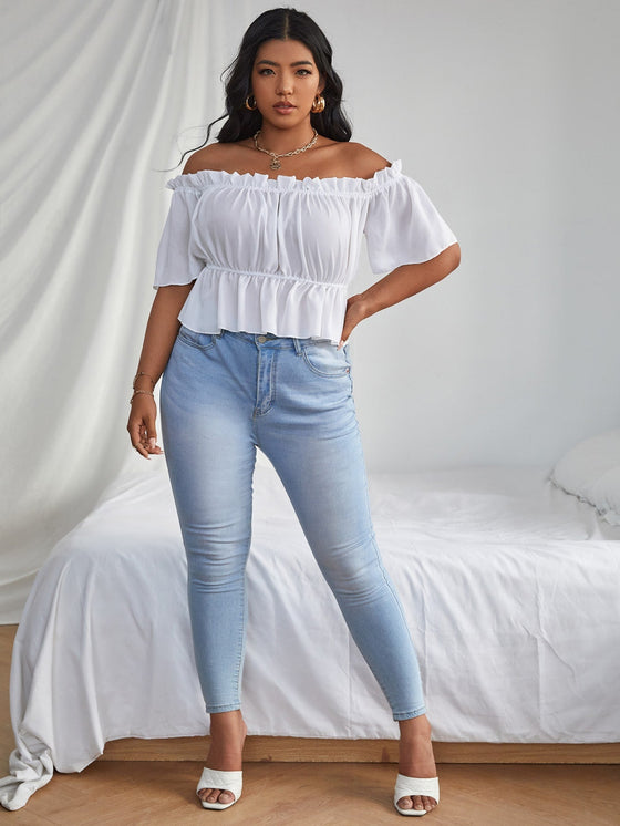 Plus Solid Ruffle Bardot Blouse