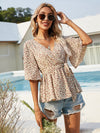 Surplice Neck Belted Ditsy Floral Peplum Top
