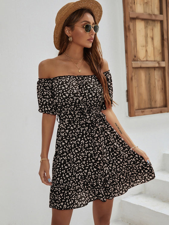 Ditsy Floral Print Belted Off The Shoulder Dress