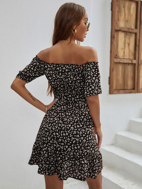 Ditsy Floral Print Belted Off The Shoulder Dress