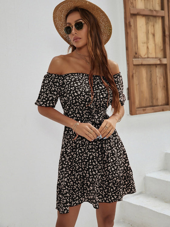 Ditsy Floral Print Belted Off The Shoulder Dress