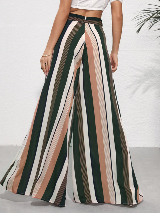 High Waist Striped Print Wide Leg Pants