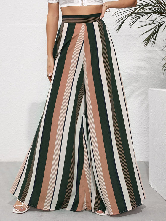 High Waist Striped Print Wide Leg Pants