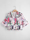 Plus Abstract Figure Print Lapel Neck Crop Blouse