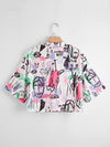 Plus Abstract Figure Print Lapel Neck Crop Blouse