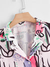 Plus Abstract Figure Print Lapel Neck Crop Blouse