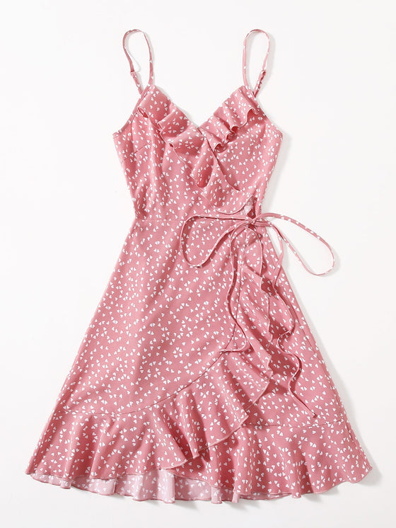 Allover Heart Print Ruffle Detail Wrap Cami Dress